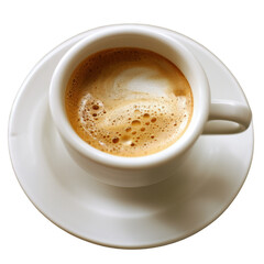 Steaming cup of coffee with creamy froth sits in white ceramic mug on matching saucer, inviting warmth and comfort. rich aroma and texture create delightful experience