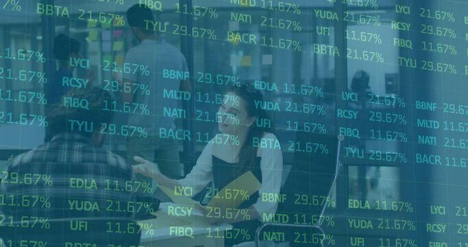 Businesswoman flipping yellow folder as transparent ticker reaching 50 percent, pointing charts