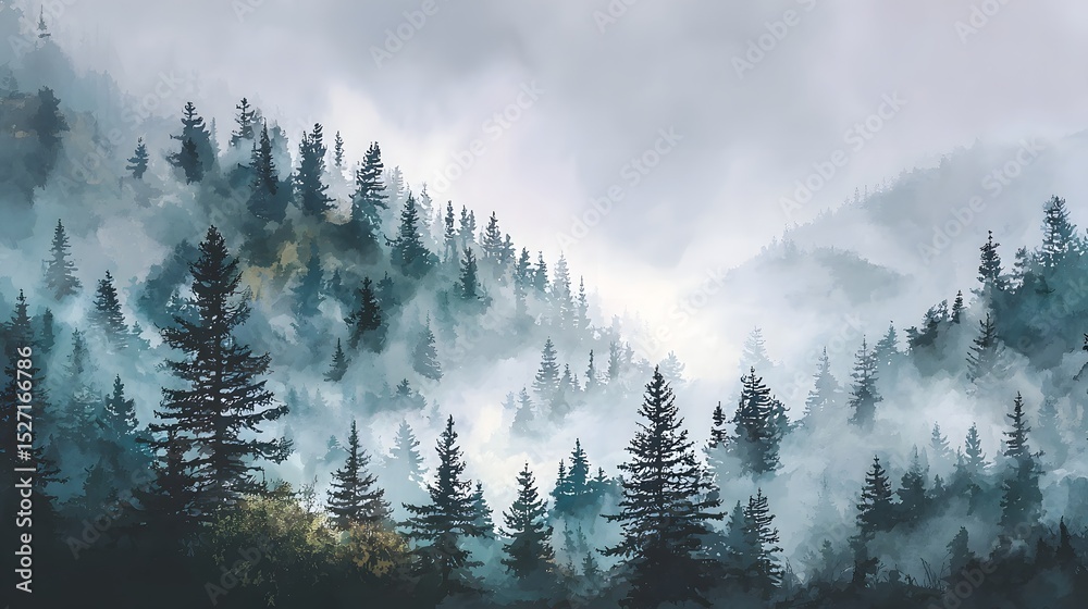 Aufkleber a serene and atmospheric misty mountain landscape with towering pine trees emerging from the fog cap