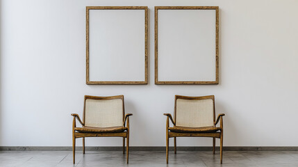 Modern living room with two wooden chairs and empty frames on wall, creating serene atmosphere