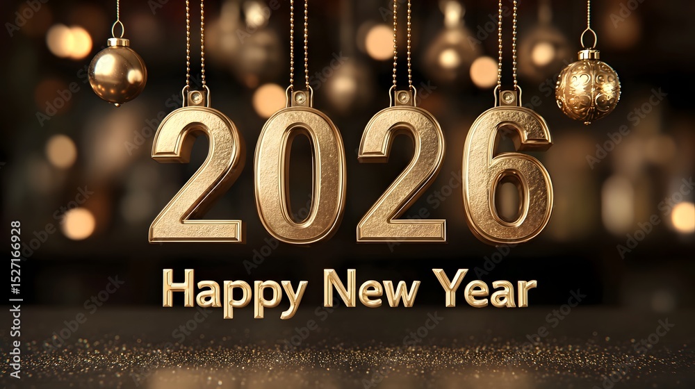 Poster luxurious golden 2026 design suspended against a velvet stage backdrop surrounded by sparkling ornam