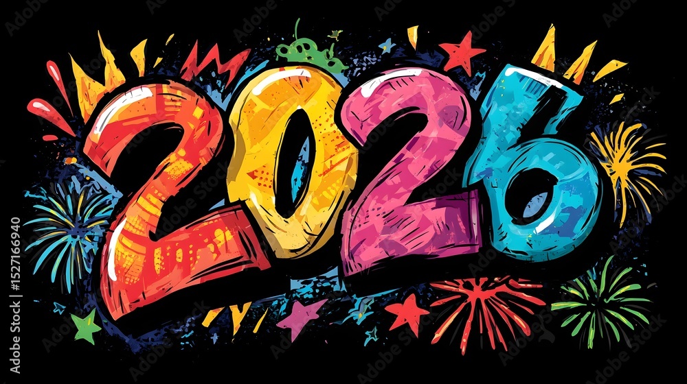 Poster Colorful and dynamic depicting the number 2026 in a bold cartoon inspired style surrounded by festive fireworks and action lines creating a celebratory and forward looking atmosphere