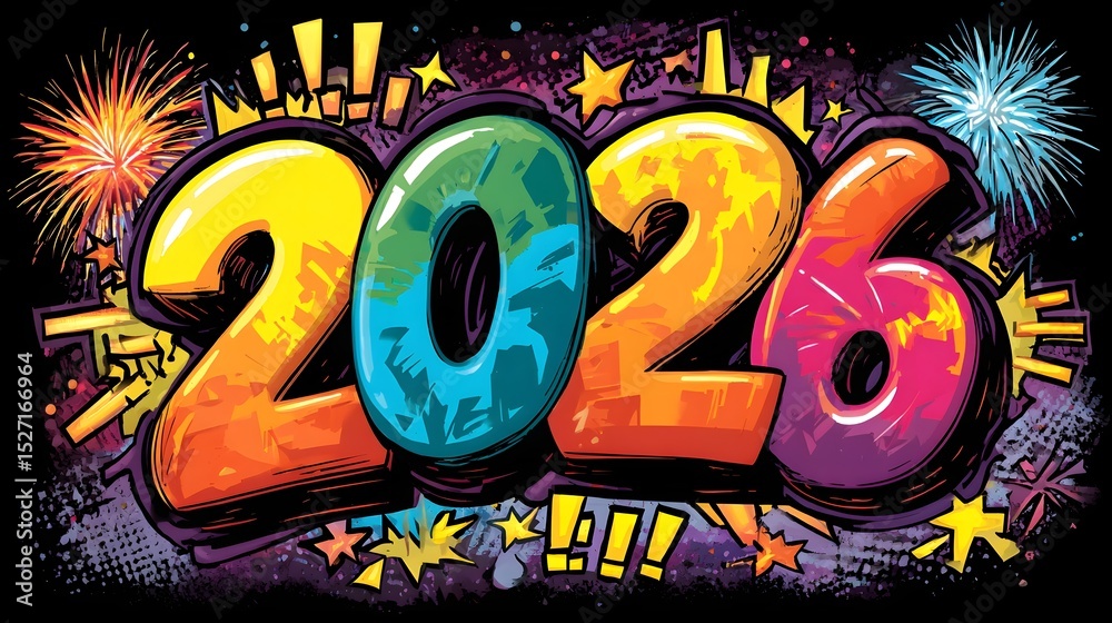 Poster colorful and playful 2026 design with bold typography fireworks and lively action lines creating an 