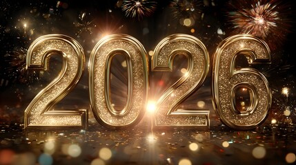 Dazzling golden numbers  2026  rising from a display of flare and sparkling confetti celebrating the arrival of the new year