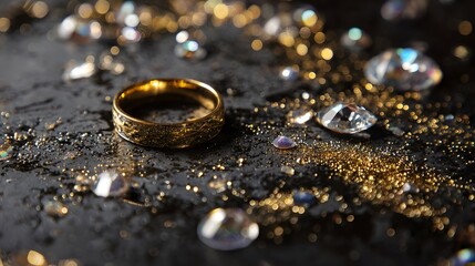 A luxurious gold ring sits elegantly on a sleek reflective black background surrounded by a scattering of sparkling crystals and glittering golden confetti