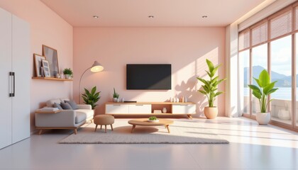 Modern minimalist living room interior with soft pink walls, large windows, and potted plants for bright and airy atmosphere