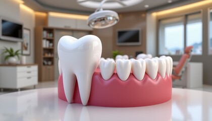 Realistic 3D Model of Tooth with Gum in Dental Office Setting, Dental Care, Oral Health and Hygiene Concepts