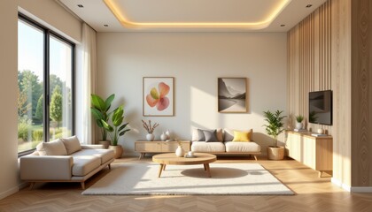 Modern bright living room interior with minimalist furniture and natural light streaming through large windows