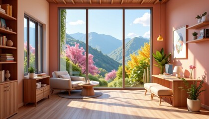 Serene Modern Living Room with Large Windows Overlooking Vibrant Nature and Mountain Landscape in Natural Light