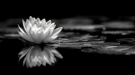 A solitary white lily flower gracefully floating on the still dark waters of a peaceful pond its delicate petals reflected in the tranquil surface below