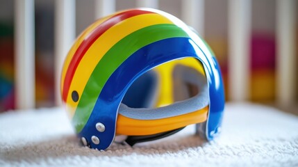Colorful baby safety helmet with soft padding placed on white play mat