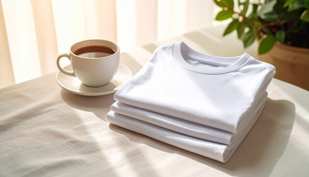 Camiseta doblada al lado de una taza de caf&eacute;, ambientado en superficie clara