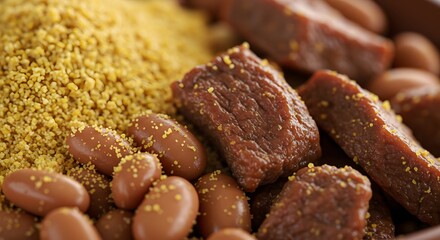 Close-up of colorful dish with textures of meat, beans and farofa.