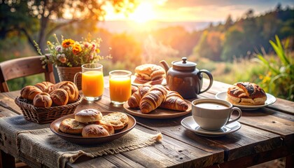 Fototapeta premium Mesa rústica con desayuno servido: café, jugo y panecillos, fondo desenfocado, estilo acogedor