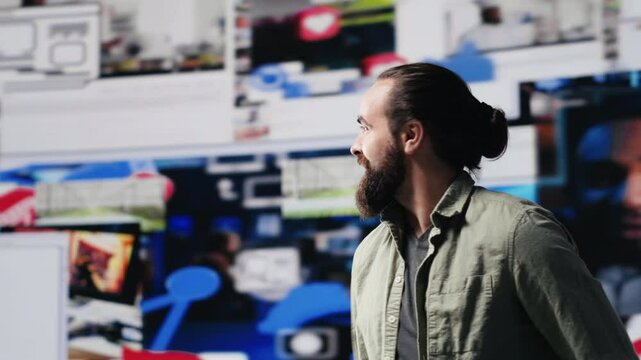 Social media influencer uses innovation and tech tools to boost engagement, being confident and proud about establishing a unique brand voice across platforms. Multitasking. Camera A.