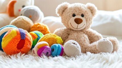 Set of soft rattles and squeaky toys on a white furry blanket