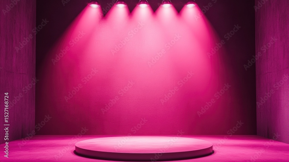 Canvas Prints pink stage with spotlights, empty round platform for product display or presentation.
