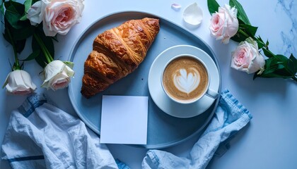 Desayuno en cama sobre bandeja de madera: café, croissant, una nota escrita a mano que dice ‘Feliz Día Papá’