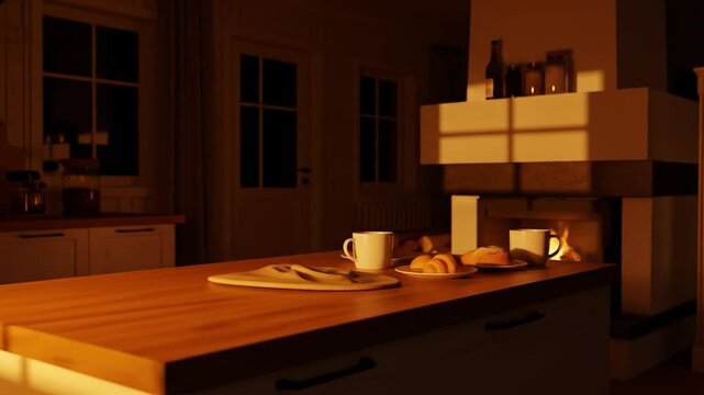 Cozy Kitchen Scene with Fireplace, Coffee, and Baked Goods at Dusk