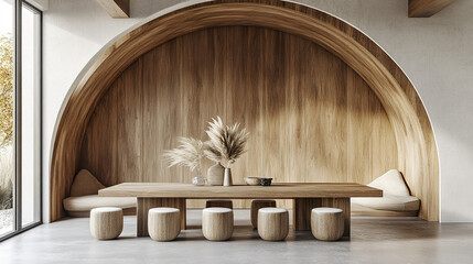 Fototapeta premium modern dining room featuring minimalist design with wooden table and curved wall