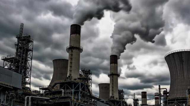 Time-lapse of smoke stacks and cooling towers at an industrial power plant, emphasizing scale, energy production, and environmental impact