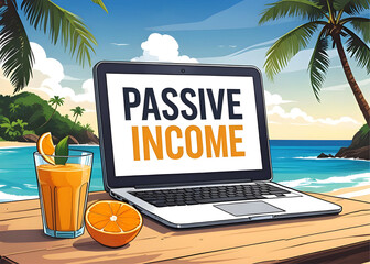 Passive income on laptop screen with beach view . Vector illustration design
