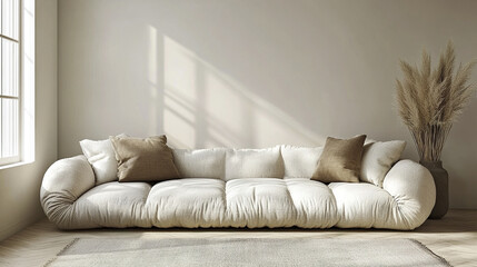 cozy minimalist living room featuring plush sofa and decorative plants