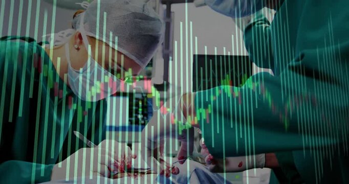 Surgeons incising and causing chart overlay downturns, suturing while chart flattening in health