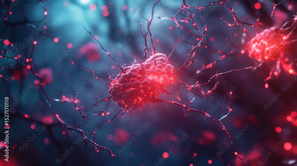 Wall mural microscopic view of glowing red neurons and synapses in a dark background.