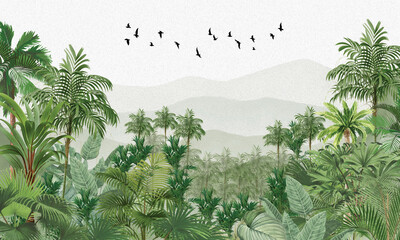 Subtle Nature Wall Mural: Faded Green Foliage & Flying Birds by Lake/River © csinie1