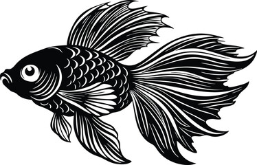 Ornamental Fancy Fish Silhouette Vector, Intricate Black Aquatic Illustration with Flowing Fins and Scales