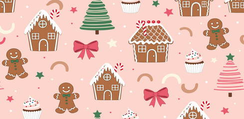 Pink Christmas dessert, gingerbread, bow knots seamless pattern. Winter holidays cookies framed portraits, tasty wallpaper, textile design, baking background.