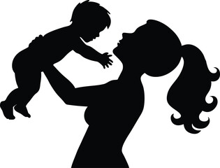Mother Holding Baby Silhouette, Loving Mom and Child