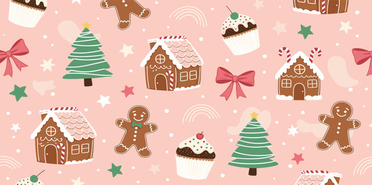 Pink Christmas dessert, gingerbread, bow knots seamless pattern. Winter holidays cookies framed portraits, tasty wallpaper, textile design, baking background.