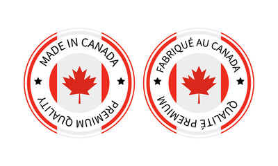 Made in Canada round labels in English and in French languages. Quality mark vector icon. Perfect for logo design, tags, badges, stickers, emblem, product package, etc.