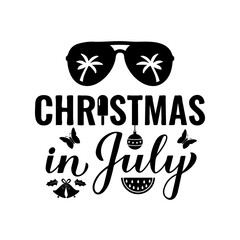 Christmas in July calligraphy hand lettering. Summer holiday quote. Vector template for typography poster, banner, sticker, shirt design etc.