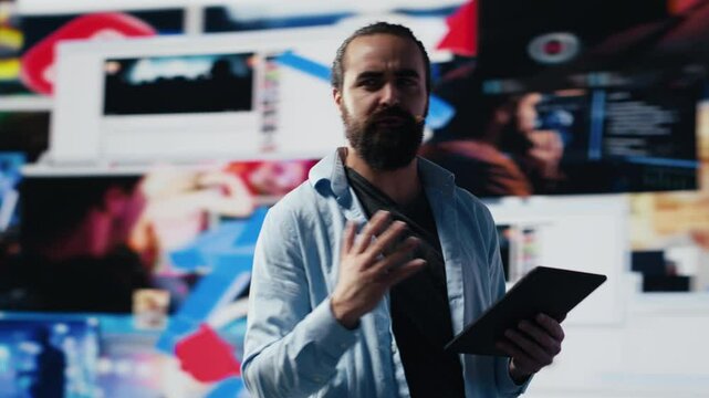 Male live presenter communicating to an audience about branding strategy and social trends, using microphone during presentation to help with communication and global reach. Camera A.