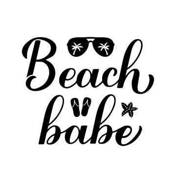 Naklejki Beach babe calligraphy hand lettering. Funny summer quote. Vector template for typography poster, banner, sticker, flyer, shirt design, etc.