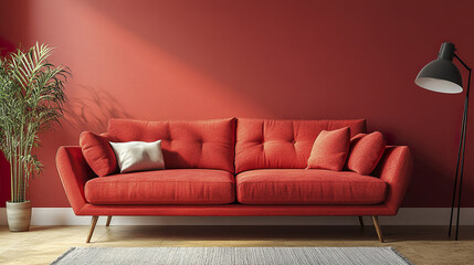 Stylish red sofa against warm wall, creating cozy atmosphere in living room