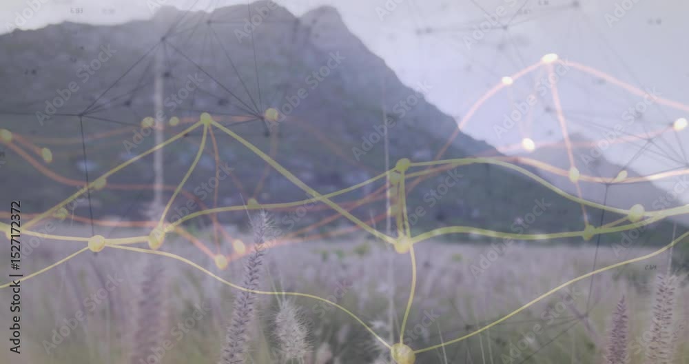 Poster network map fading in over mountain foothill, pulsing nodes morphing links to show data flow