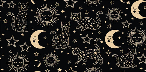 Celestial cat seamless pattern. Golden starry cats repeat background. Mystery stars, sun, moon on the black. Magic sky textile design, fabric, wallpaper. Minimal line art.