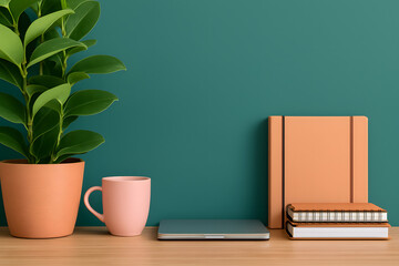 Tranquil Workspace Composition: A modern workspace with an elegant indoor plant, cup, laptop, and books, blending serenity with productivity, perfect for a contemporary aesthetic.