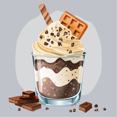 Layered chocolate dessert in glass with whipped cream, wafer, and sprinkle, styled on neutral background.