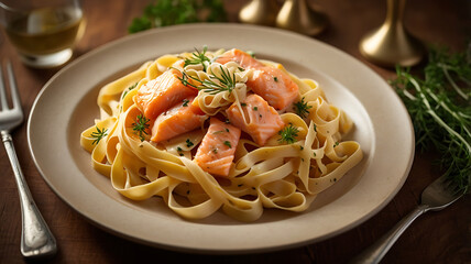 Creamy Salmon Tagliatelle Pasta with Seafood Sauce – Elegant Dinner Recipe & Food Photography Inspiration
