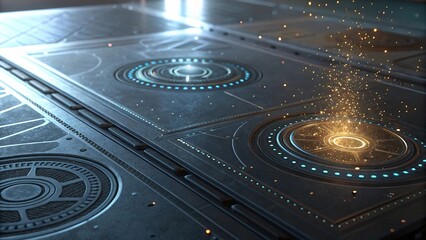 Futuristic metal with holographic overlays and dust.