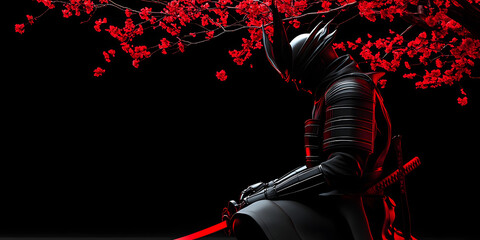 Warrior's Contemplation Under Blossoms: A stoic warrior, adorned in dark, enigmatic armor, finds solace beneath a canopy of vibrant red blossoms. His form is shrouded in mystery.