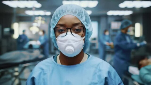 Female nurse wearing surgical scrubs, glasses, and a face mask, representing strength and professionalism in a modern hospital environment