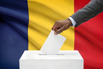 Fototapeta premium Male hand inserting a white paper in ballot box with national flag on background - Moldova 