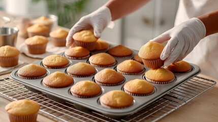 Cupcakes are gently lifted from a tray by white-gloved hands and placed on a cooling rack. The kitchen is bright and minimal, with natural light and golden tones. 
