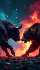 Aggressive bull and bear clashing, stock market backdrop, profit, trading chart, finance